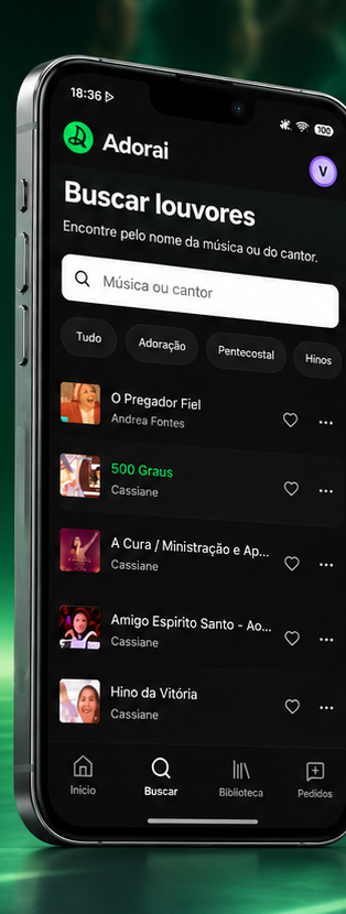 Tela de busca de louvores do app Adorai
